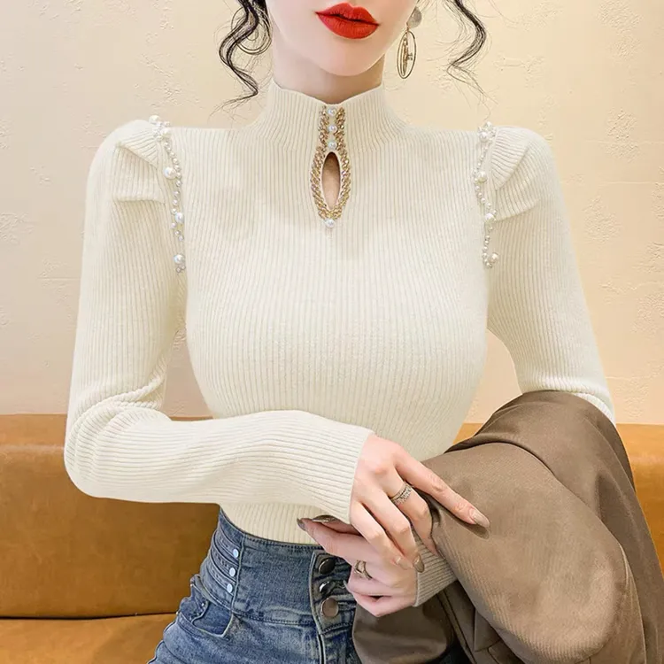 淑女风重工钉珠半高领针织衫女秋冬设计感修身内搭高级感毛衣上衣