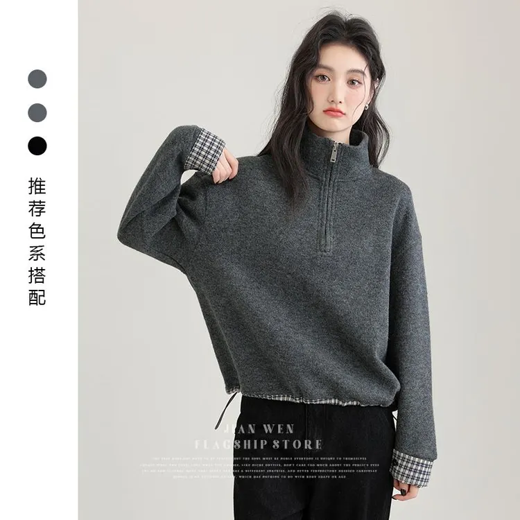 灰色半拉链银狐绒卫衣女秋冬新款polo领套头休闲宽松慵懒风上衣潮