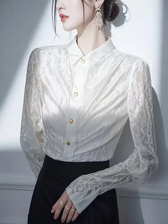 SS873法式气质高级感叠穿衬衣2025春超好看独特漂亮白色蕾丝衬衫