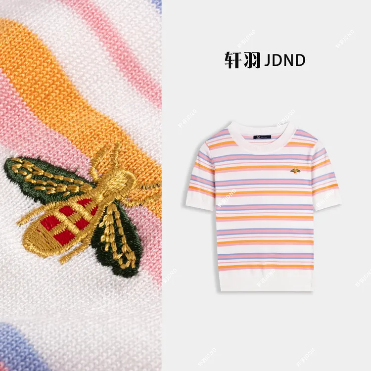 JDND轩羽【小蜜蜂】莱赛尔夏季日常百搭刺绣条纹针织小衫XY26322