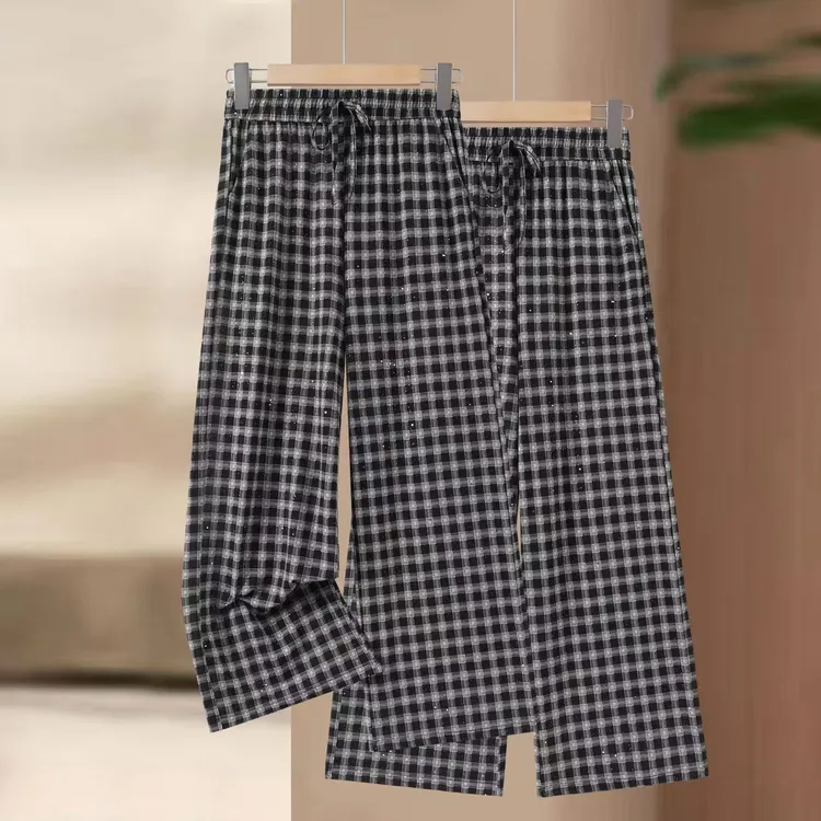 2025年夏季薄款长裤休闲裤千鸟格直筒裤格子裤阔腿裤高弹力高腰