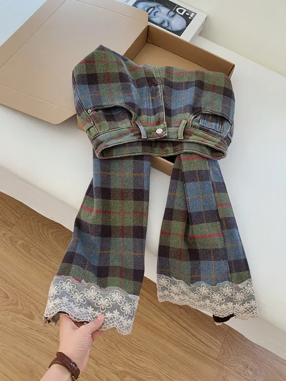 蓝色格子蕾丝高腰休闲裤女士2025秋季时尚直筒阔腿梧桐裤子长裤潮