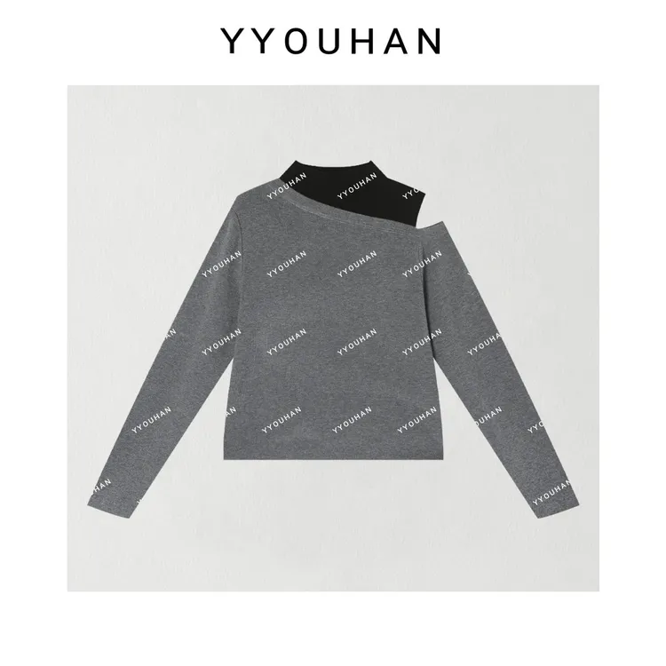 月月 2025秋冬新款小众设计感拼色露肩假两件套头针织衫2510C6469