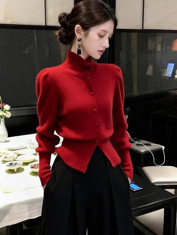 红色针织衫女秋冬内搭巨好看高端轻熟气质法式小香风掐腰高领毛衣