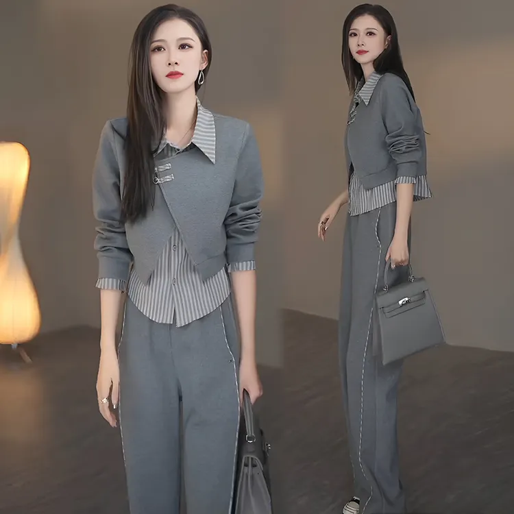 极简通勤条纹拼接假两件长袖上衣套装女春秋轻熟风上衣长裤两件套