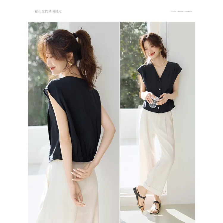 亚麻知性高级感V领无袖衬衫两件套2025简约气质通勤阔腿裤套装