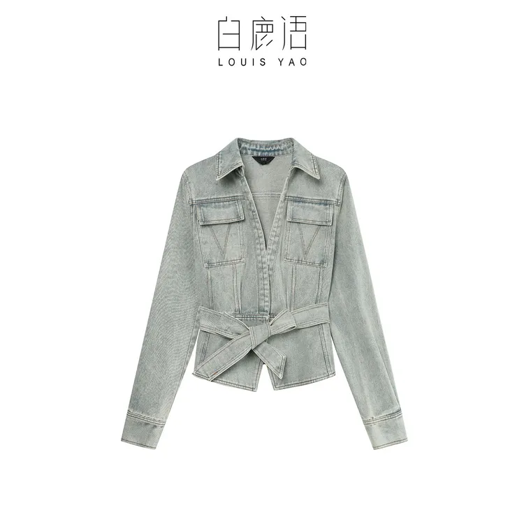 白鹿语女装新款时尚复古洗水工艺腰带女式外套上衣BY20146