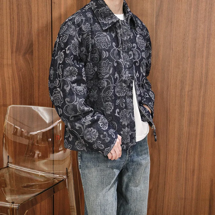 Extfine冬季满印树叶设计感高级老钱翻领棉衣夹克外套男宽松保暖