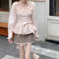 清楚系穿搭套装女秋季日系甜美绑带收腰长袖衬衫撞色包臀裙两件套
