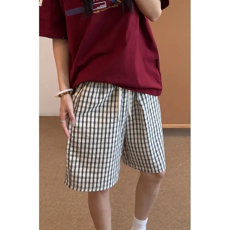 蓝色泡泡纱格子短裤男夏季薄款拼接设计感直筒裤子休闲阔腿五分裤