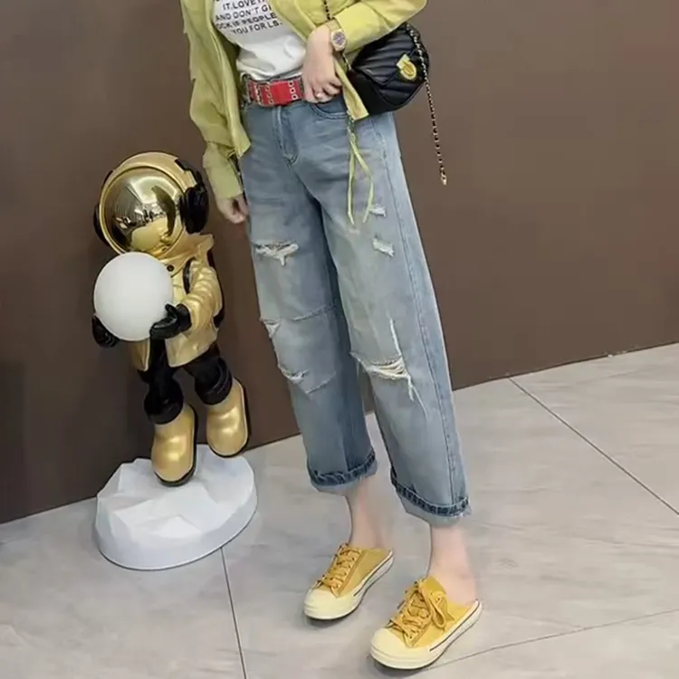 破洞牛仔裤女2025夏季薄款大码胖mm高腰宽松显瘦九分阔腿直筒裤子