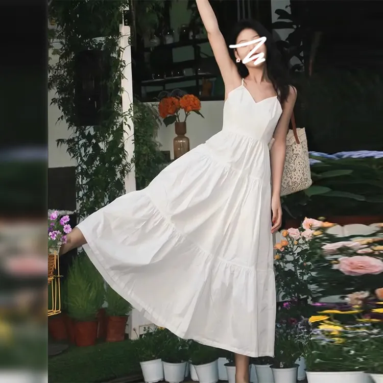 白色V领吊带裙叠穿原版气质高腰设计甜美复古礼服中长款连衣裙