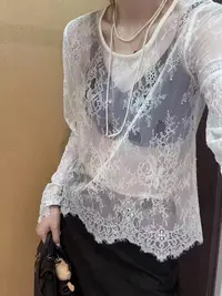 【钰姐精选】诺贝8925-气质宽松套头蕾丝衫镂空长袖洋气短款法式
