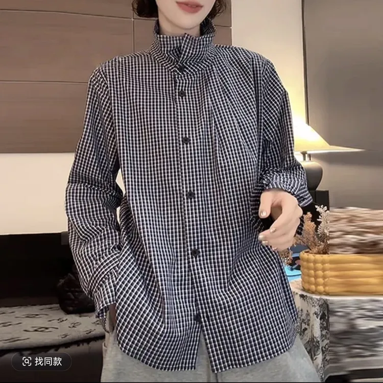 原创设计欧货时尚精梳棉花苞衬衣中长款宽松薄款白色百搭长袖立领