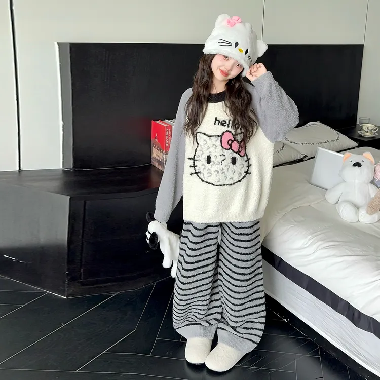 女童卡通可爱家居服长袖长裤秋冬季加厚半边绒睡衣两件套洋气女孩