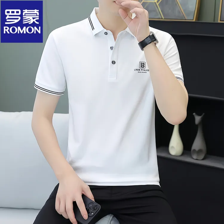 Romon/罗蒙夏季新款冰丝男士POLO衫短袖潮流修身T恤翻领半袖上衣