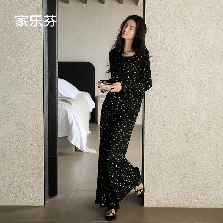 家乐芬睡衣女春秋裤秋季长袖莫代尔家居服方领碎花阔腿套装高级感