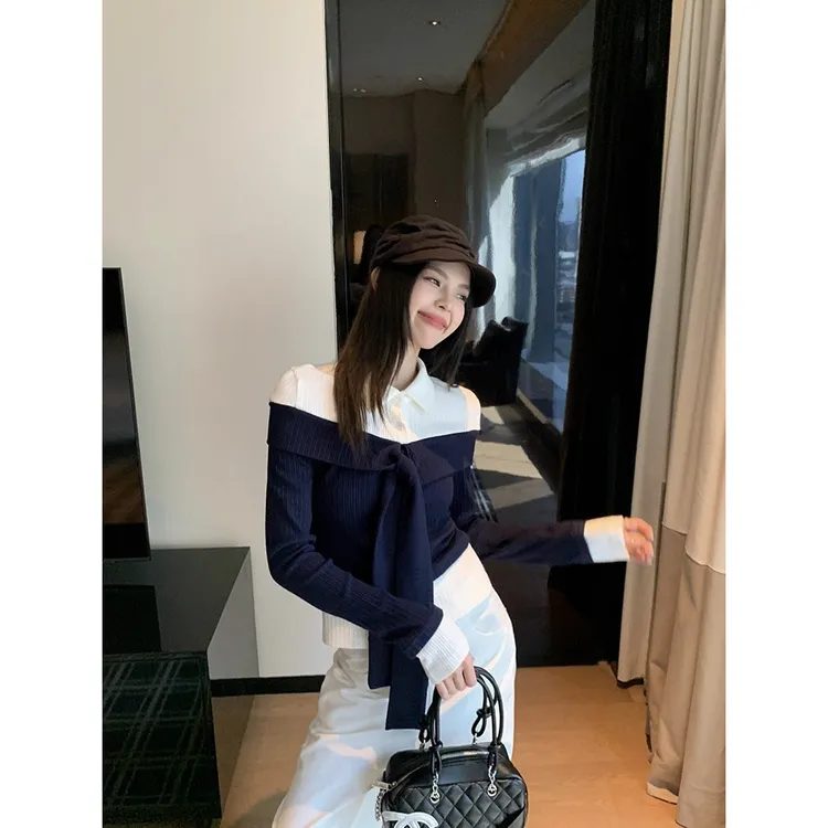 梦优莱polo领长袖内搭t恤女打底衫秋冬韩系设计感修身假两件上衣