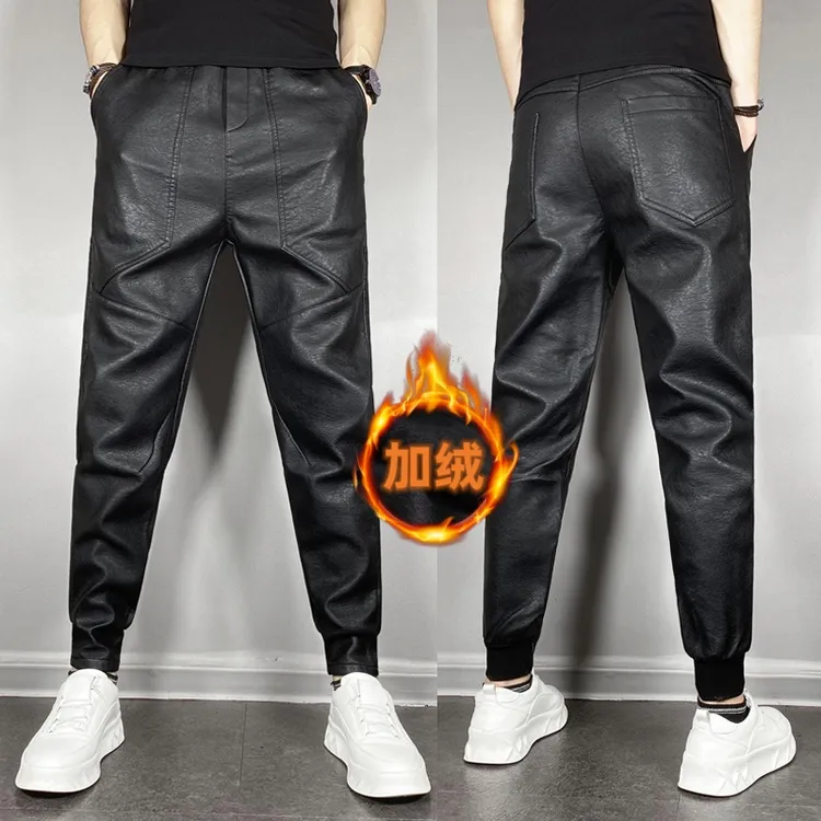 秋冬加绒男士皮裤防风外卖骑手束脚裤宽松休闲百搭小脚皮裤男修身