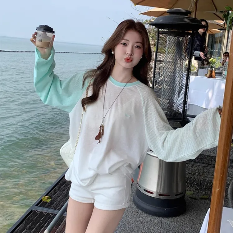 龙妹圆领撞色长袖T恤女2025夏季新款薄款防晒罩衫独特漂亮上衣