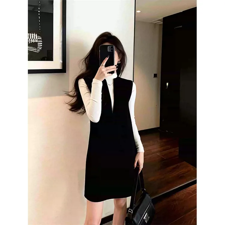 INS CEC出席重要场合的裙子高端精致轻熟气质叠穿黑色背心连衣裙