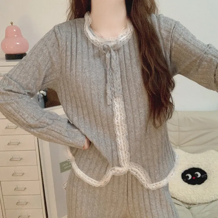 韩系简约风德绒睡衣女秋冬季2025新款加厚长袖长裤甜美家居服套装