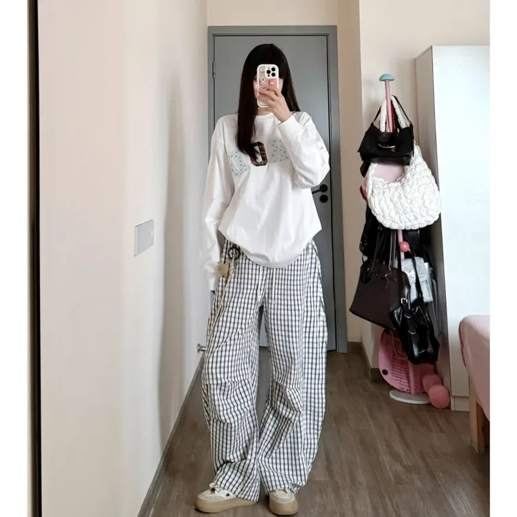 180高个子175加长星星挂饰格子裤女复古宽松慵懒显瘦休闲阔腿裤子