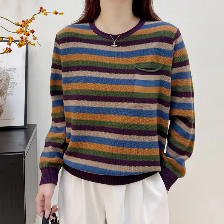 100%棉线圆领五彩条纹长袖针织衫女士早秋宽松复古上衣套头打底衫