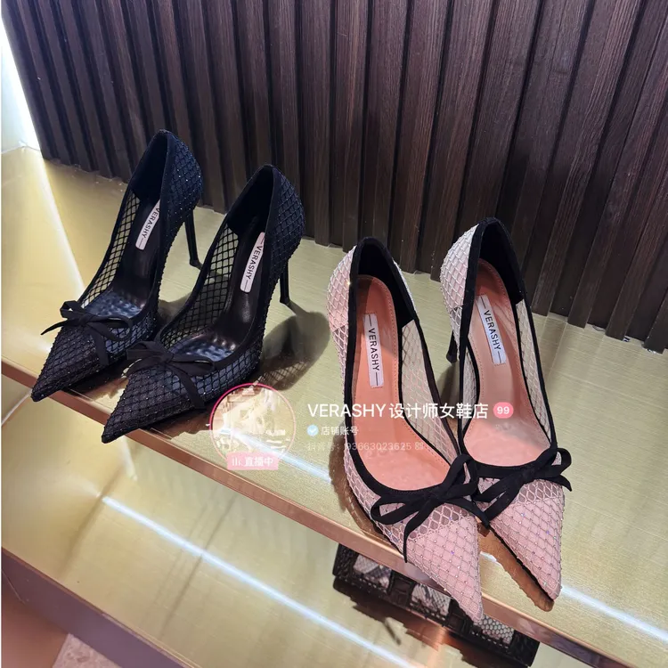 蝴蝶结高跟鞋女2025新款尖头性感名媛细跟水钻蕾丝浅口单鞋女秋季