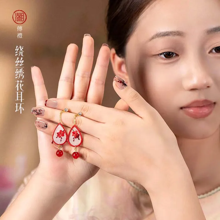 湘传礼湘传礼湘绣925银耳环纯手工双面绣一品蚕丝绒原料汉服配饰