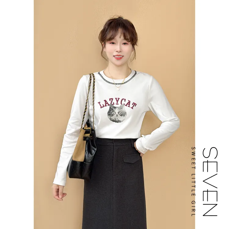 猫猫T恤⑦七七146小个子小猫印花长袖T恤女秋季新款内搭上衣小美说