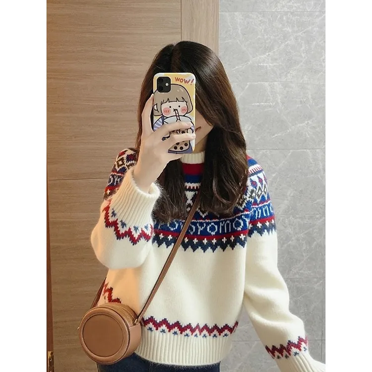 米白色慵懒风费尔岛套头针织衫女冬季巨好看的加厚毛衣可外穿内搭
