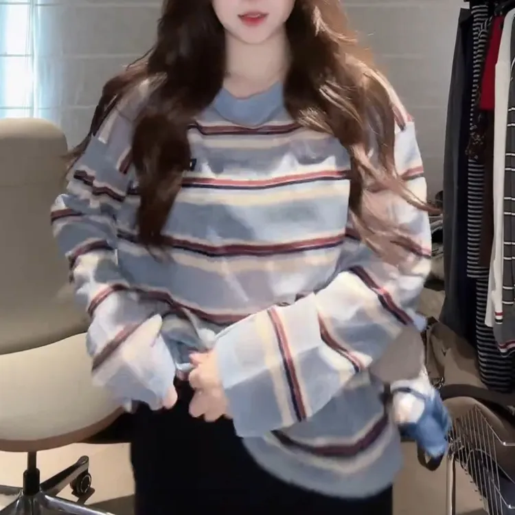 【浆果汽水】新款秋装新款百搭宽松条纹长袖T恤LK2505375