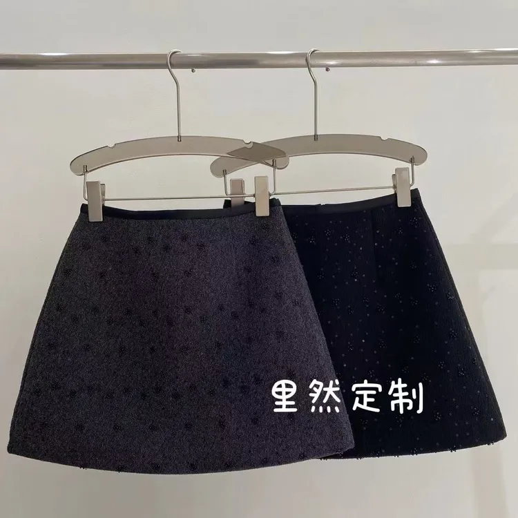 【里然定制】毛呢高腰钉珠短裙2025冬季新款百搭显瘦A字裙33363