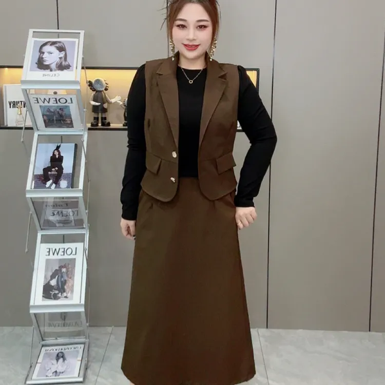 【三件套】秋季复古港风气质早秋西服翻领大码女装马甲三件套 