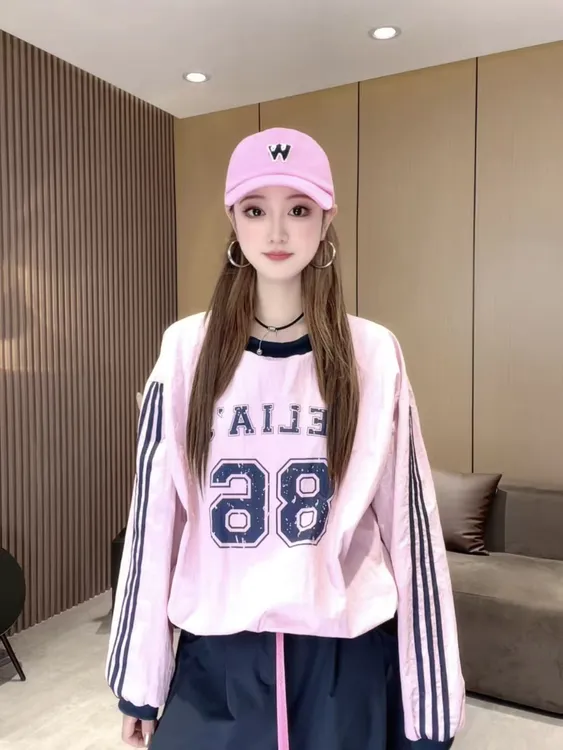 LL867 秋季圆领高街字母印花卫衣女美式撞色运动套头条纹上衣