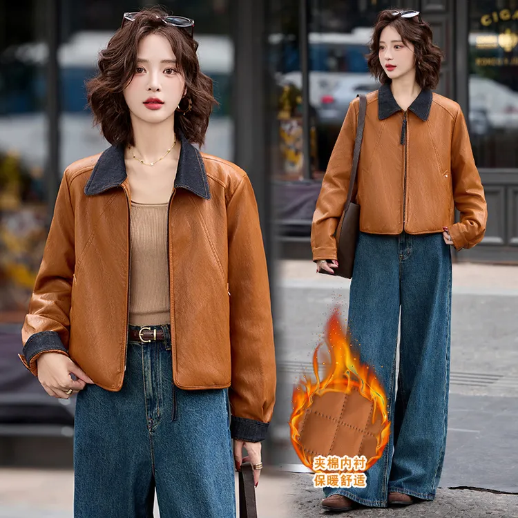 复古港风撞色翻领夹棉皮衣外套女2025年秋冬新款洋气减龄短款上衣