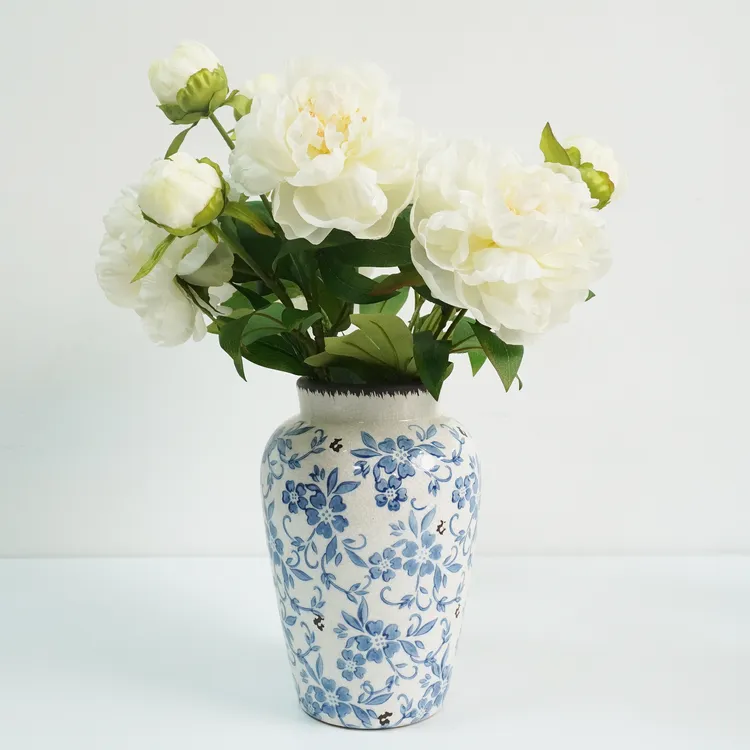 复古中式冰裂纹青花瓷陶瓷花瓶高级感家居装饰插花仿真花摆件