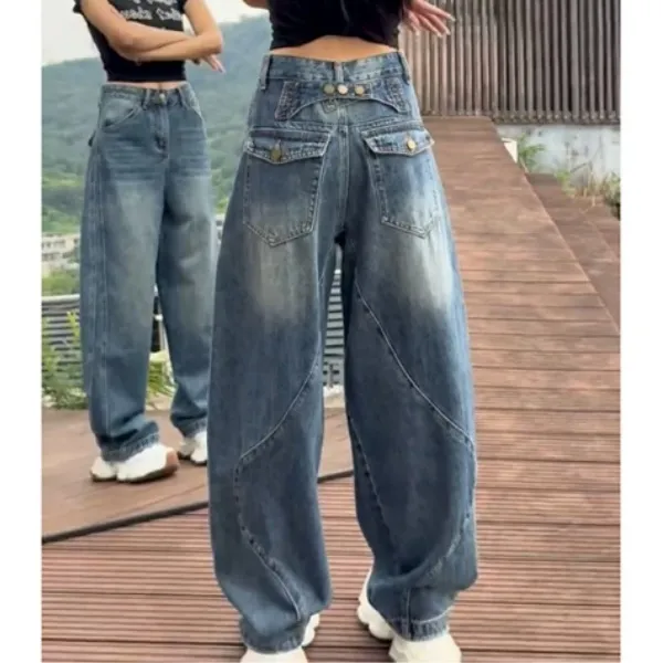 复古阔腿牛仔裤女早秋新款大码胖mm高腰显瘦宽松遮肉弯刀直筒裤子
