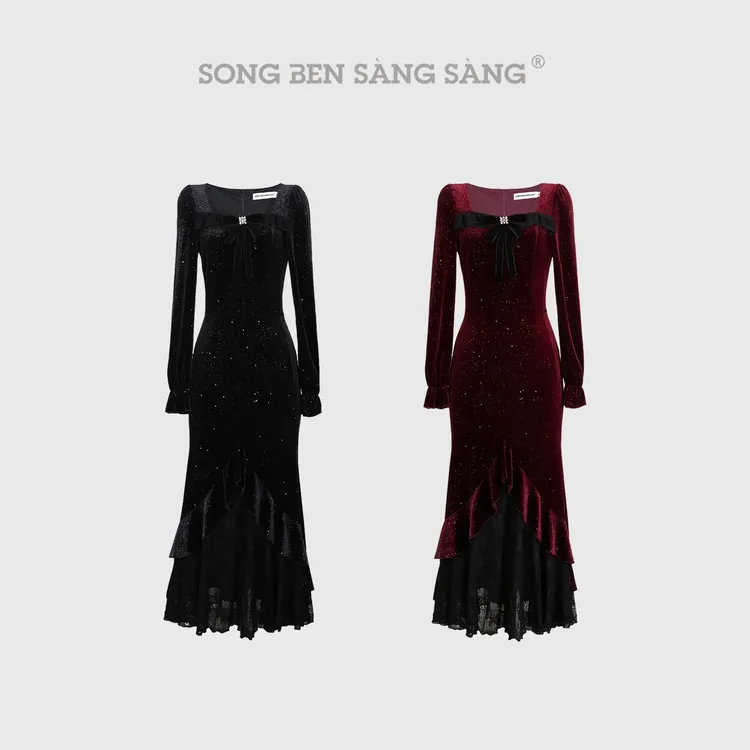松本丧丧黑丝绒闪片连衣裙方领钻扣鱼尾纱摆显奢雅氛围B254Q2036