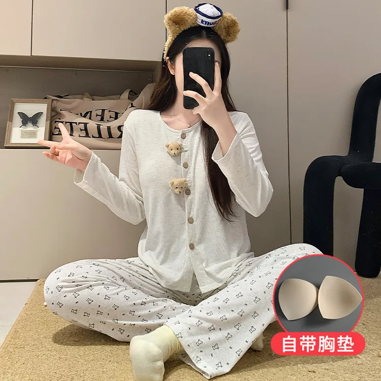 秋冬长裤小熊开衫套装长袖纯棉薄款宽松休闲家居服秋冬带胸垫睡衣