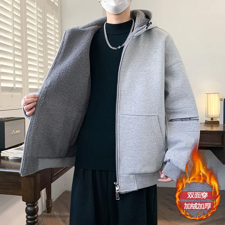 青少年双面穿加绒加厚连帽夹克男孩冬季新款羊羔绒保暖休闲外套潮