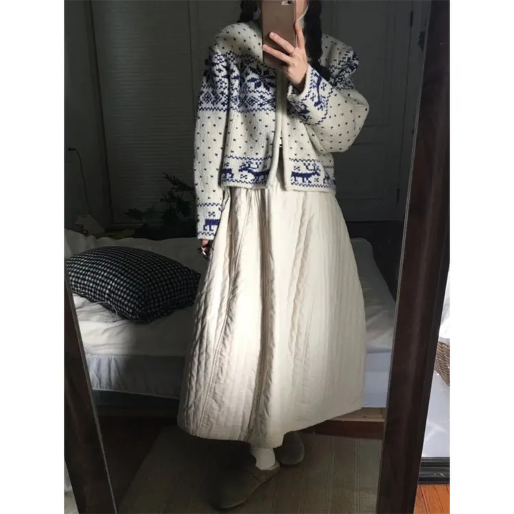 日系米白色半身裙女秋冬宽松加厚长棉裙花苞裙复古直筒小众山本裙