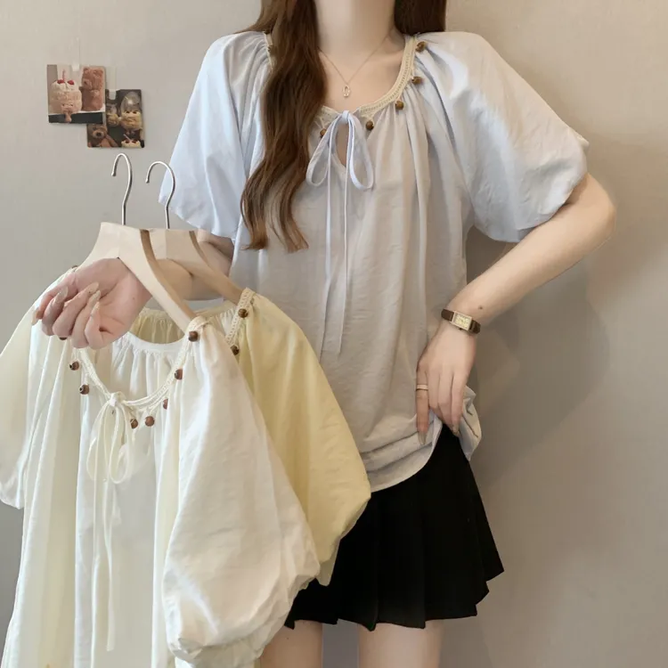 夏季新款大码宽松显瘦特色设计款短袖女装上衣圆领开衫衬衣