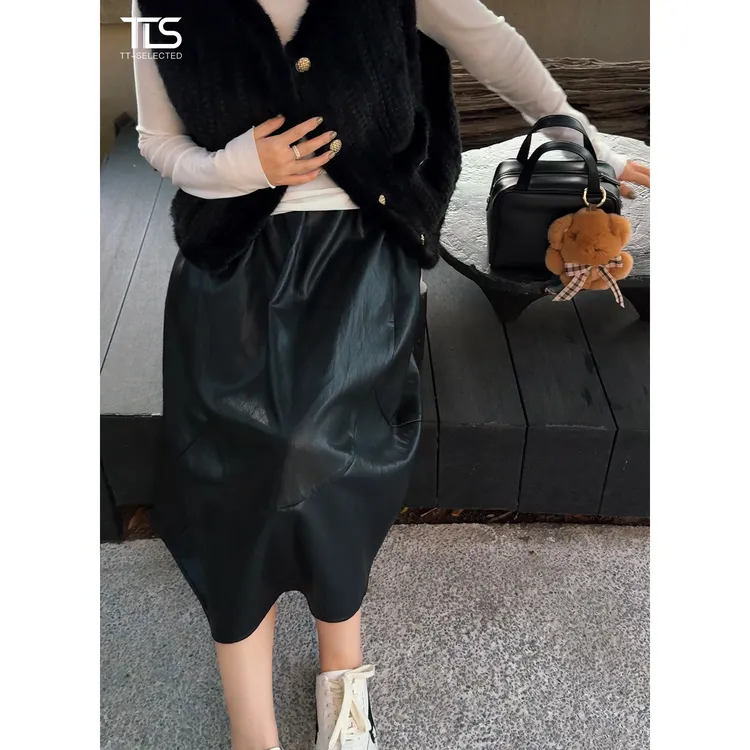 TT【皮伞裙】轻奢质感中长款松紧腰蛋白皮显瘦遮肉花苞半身裙DQ5019