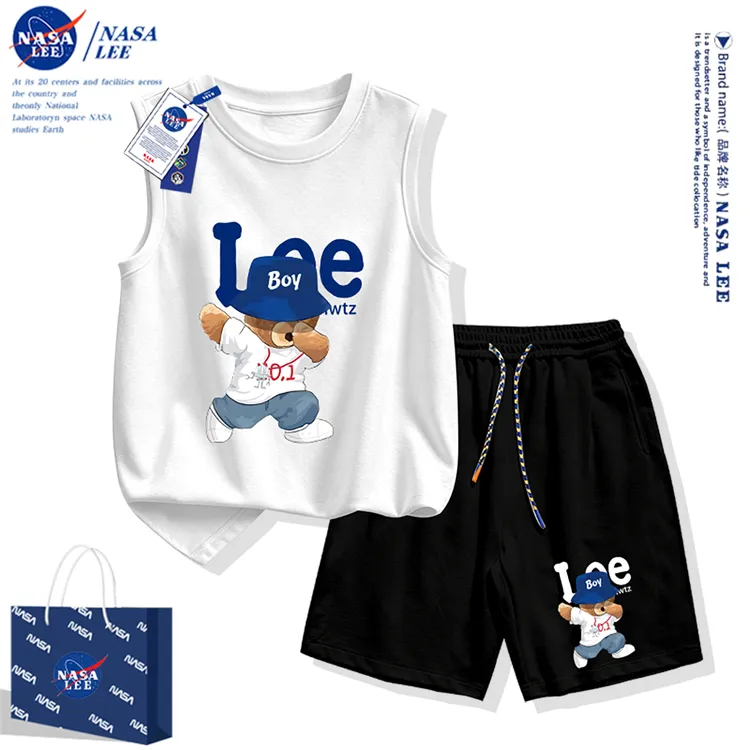 NASA联名小熊男童无袖套装夏装2026新款中大童男孩纯棉背心t恤
