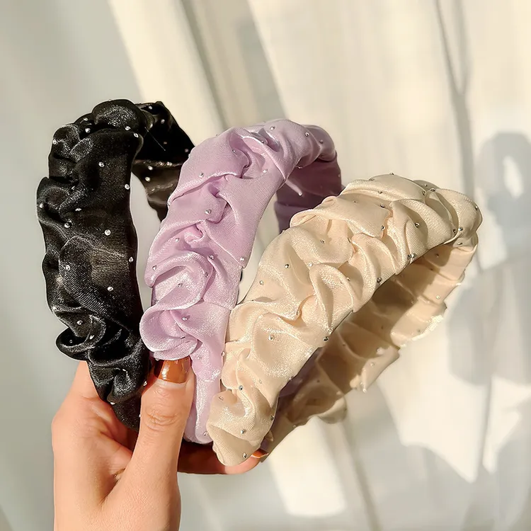 2022新款简约皱褶发箍宽边烫钻缎面编织头箍网红同款百搭外出头饰