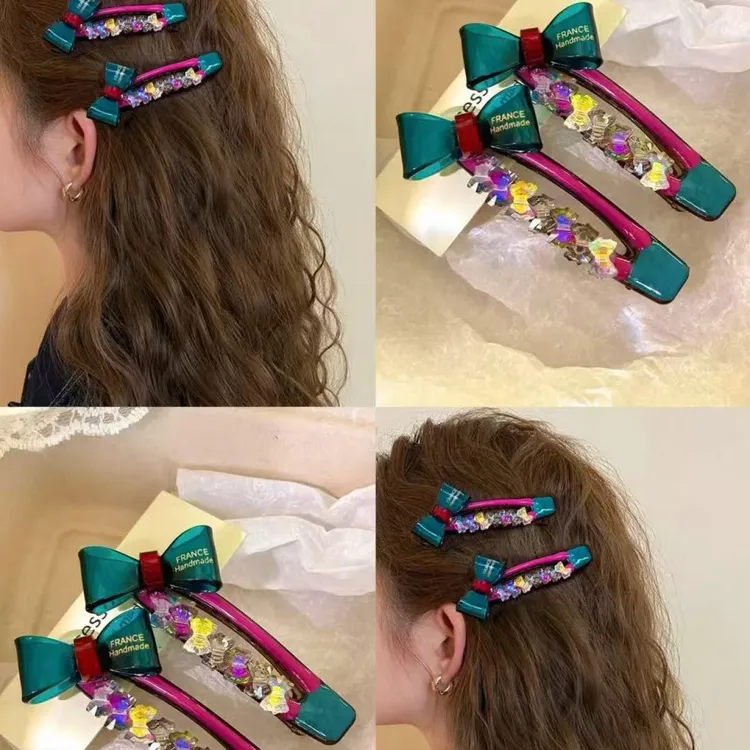 韩国东大门新款彩色蝴蝶结发夹女后脑勺盘发鸭嘴夹顶夹横夹百搭新