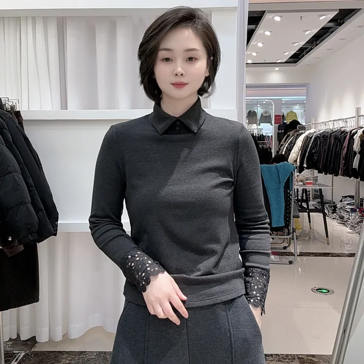 【2857】秋冬磨毛翻领长袖T恤女修身显瘦保暖时尚百搭上衣