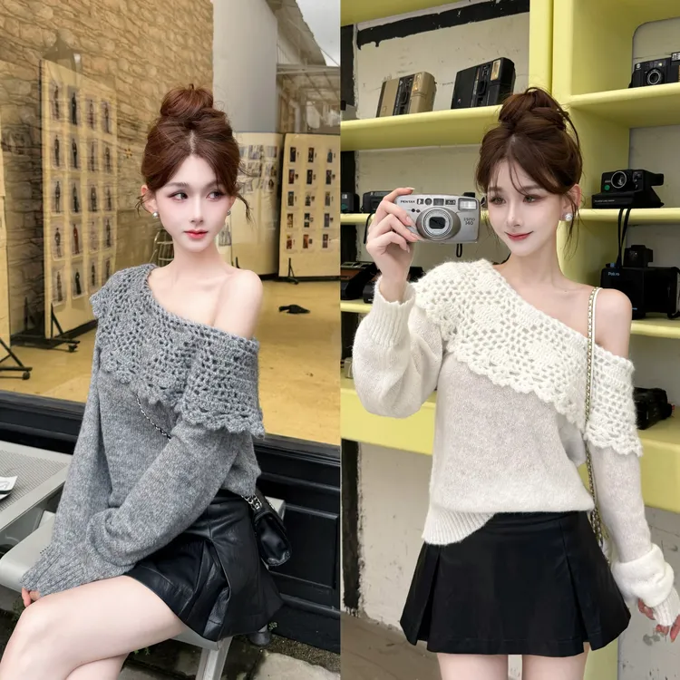 【海街日集】韩系重工镂空钩花斜领针织衫毛衣娃娃领减龄秋冬一字肩